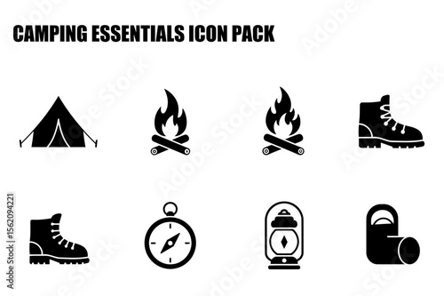 Camping essentials icon pack. Simple, black and white icons for camping, featuring tent, campfire, hiking boots, compass, lantern, and sleeping bag.