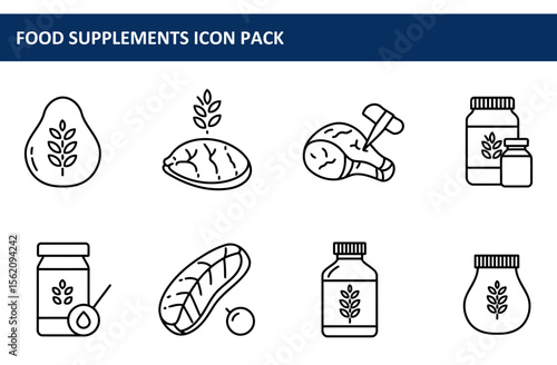 Food supplement icons showcasing various food products. Simple line drawings of different food supplements against a plain background.
