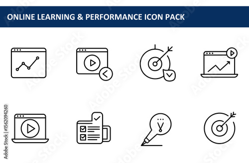 Online learning and performance icons set in a modern design for various uses. Simple line art icons displaying progress, video playback, target practice, and checklist progress.