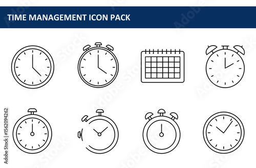 Time management icon pack depicting various timekeeping tools. Simple line drawings of clocks, stopwatches, and calendars displayed against a white background.