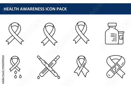 Health awareness icons, showing various symbols for awareness campaigns. Simple, line art icons of awareness ribbons, syringes, medicine bottles, and thermometers, set against a white background.