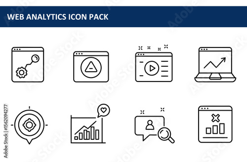 Web analytics icon pack showing various website data elements. Set of simple, black line icons for digital marketing, SEO, and data analysis purposes.