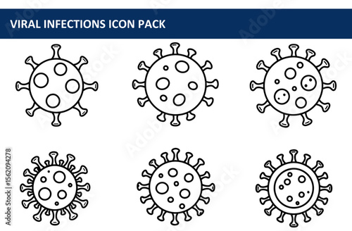 Viral infection icons set showing various virus shapes in a simple line art style. Simple illustrations of viruses displayed on a plain background.