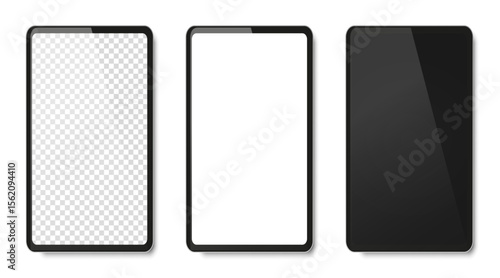 realistic mobile phone mockup with three blank screens in white, black and transparent