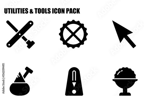 Black and white tools and utilities icons set in a simple, vector graphic style. Various tools and utilities depicted against a plain white background, showcasing a collection of essential objects.