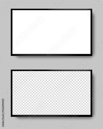 two realistic tv screens, white and transparent led monitor with reflection, ratio 16x9, gray background