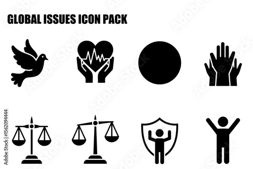 Global issues icon pack with various symbolic figures in a simplified design. Abstract representations of peace, health, global unity, justice, and protection in a clean, vector-based graphic.