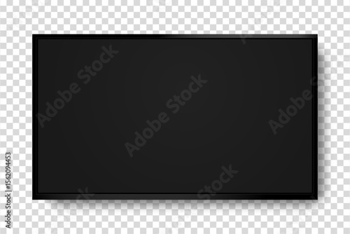 Realistic tv screen, black led monitor with reflection, ratio 16x9, isolated on transparent background