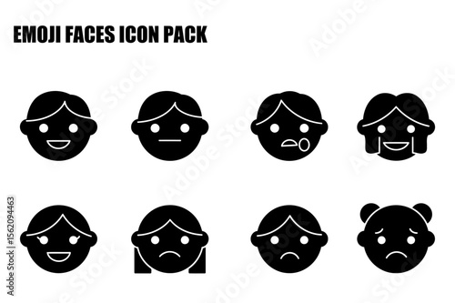 Emoji faces icon pack featuring various expressions for diverse demographics. Simple, black and white illustrations of different emotions.