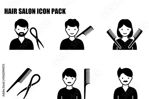 Hair salon icon pack featuring male and female stylists in various poses with tools like scissors and combs.