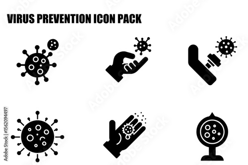 Virus prevention icon pack depicting various actions with illustrations of a virus and hand gestures.