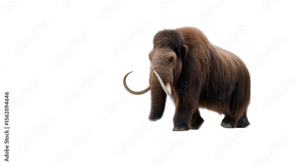 Fototapeta premium Mammoth's Majestic Stroll: A magnificent woolly mammoth, a symbol of prehistoric wonder, strides confidently, its impressive tusks and shaggy coat a testament to a bygone era.