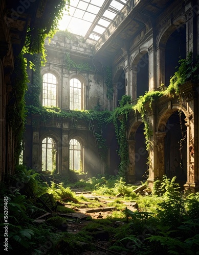 Overgrown Mansion Ruins with Sunbeams, and Nature Reclaimed.