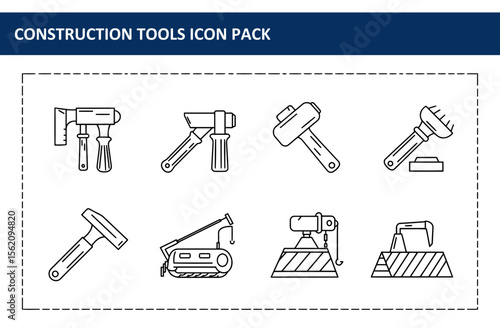 Construction tools in a simple line drawing style. Various tools, including hammers, scrapers, and cranes, presented in a detailed, yet simple style.
