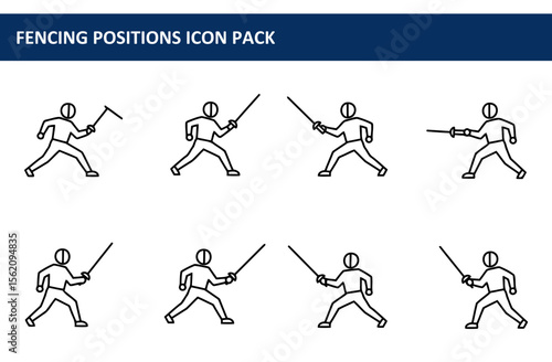 Fencing positions illustrated in various stances with swords, in a simple, clean graphic design. Different fighting positions for fencers in a sport-specific visual aid.