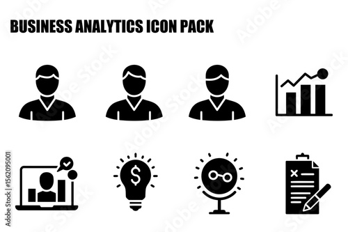 Business analytics icons in a simple, vector graphic style. Generic figures in neutral poses, demonstrating key business analytical concepts.
