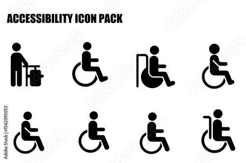 Accessibility icon pack showing various people using wheelchairs and one person with a luggage cart.