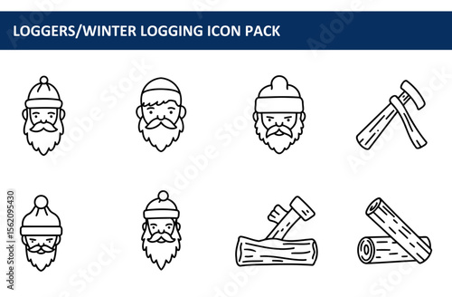 Winter loggers in winter hats and beards working in a snowy forest. Line art icons of loggers and winter logging tools in a flat design, ready for iconographic or digital use.