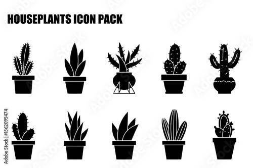 Houseplant icon collection, featuring various types of succulents and cacti in diverse planter styles. Silhouette illustration of potted plants for interior decoration.
