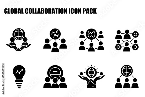 Global collaboration icon set with diverse demographic groups in various collaborative scenarios. Teamwork action, connecting people, and worldwide business icons on a plain background.