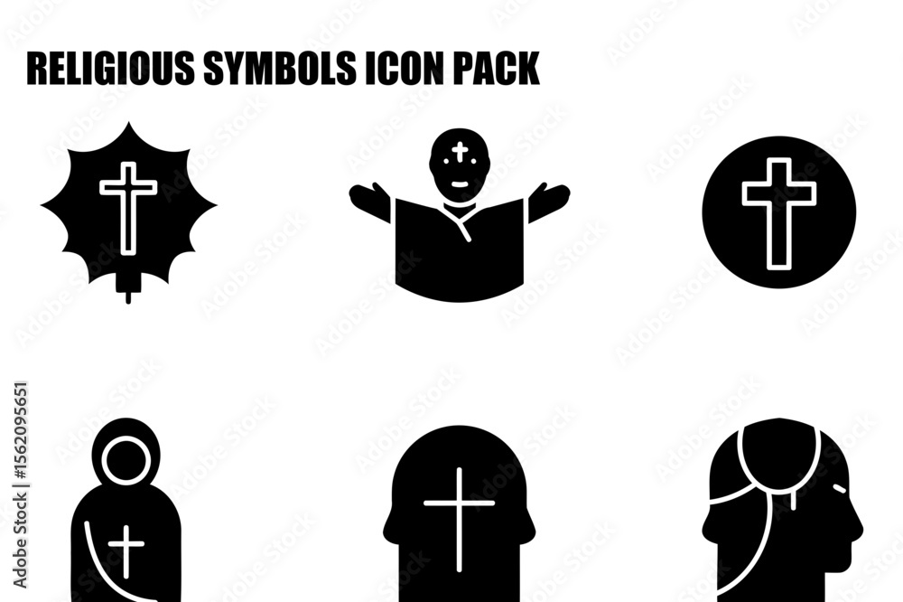 Obraz premium Religious symbols icon set depicting various religious imagery. Clergyman with open arms, a cross, and a religious icon.