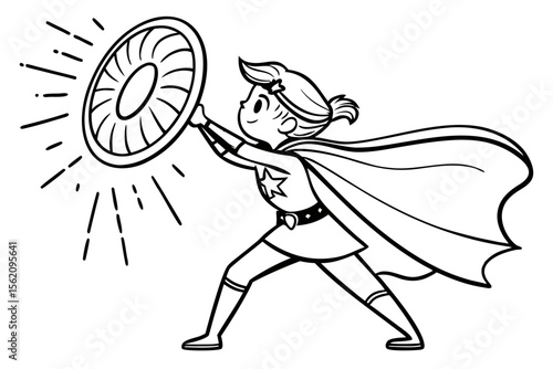 A brave female superheroine holding a glowing shield, ready for action. Simple line art for a children's coloring book, black and white, with thick outlines