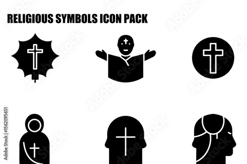 Religious symbols icon set depicting various religious imagery. Clergyman with open arms, a cross, and a religious icon.