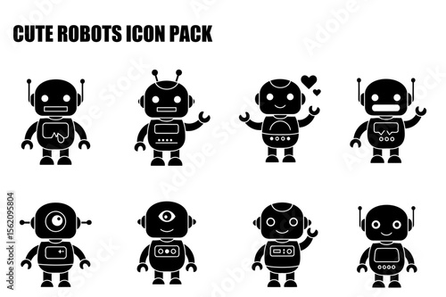 Cute robot icons in various poses on a white background. Collection of simple, cartoonish robot designs with different expressions and gestures.