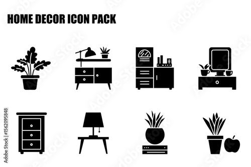 Home decor icons featuring various furniture pieces and plants in different interior settings.