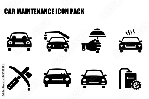 Car maintenance icons for service, depicting various car maintenance actions in a simplified, stylized format. Automotive service icons in a professional garage setting.