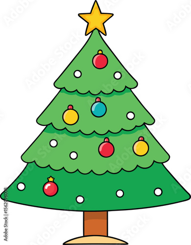 Wallpaper Mural Festive Green Christmas Tree Decorated with Ornaments and Star,  Classic Holiday Celebration Illustration. new 2025 trendy. Torontodigital.ca