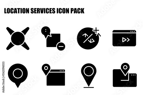 Location services icon set with various elements, including map pins, web browsers, and data transfer, designed for mobile app and website use.