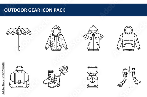 Outdoor gear icons for various activities in a simple, minimalist style. Collection of items for hiking, camping, and general outdoor use.