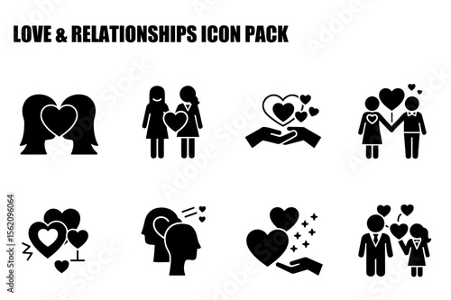 Black and white icons representing various love and relationship themes. Diverse couples and individuals in various poses, demonstrating love and connection.