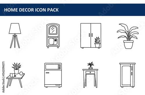 Home Decor Icon Pack of various furniture and plants. Simple line drawings of a lamp, cabinet, wardrobe, houseplants, end table, microwave, and dishwasher in a modern style.