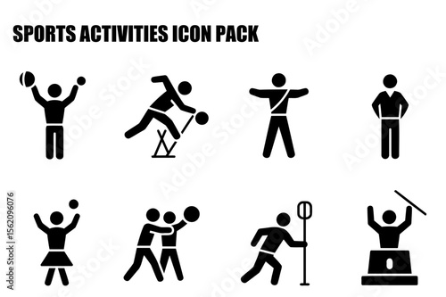 Sports activities icon pack depicting various sports and activities with diverse participants in various poses. Collection of simple, black and white icons against a plain white background.