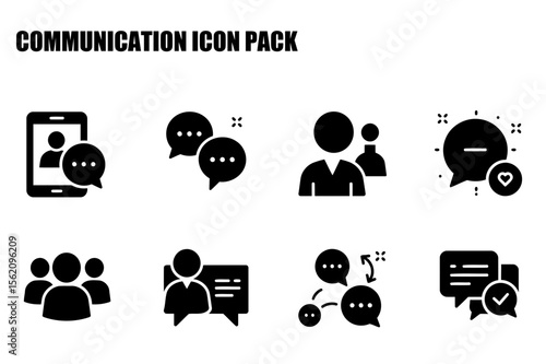 Communication icon pack featuring various interactions between individuals and groups. Diverse communication methods portrayed through simple, graphic icons.