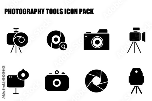 Photography tools icons in a flat design style. Simple illustrations of cameras, tripods, and other photo equipment on a plain background.
