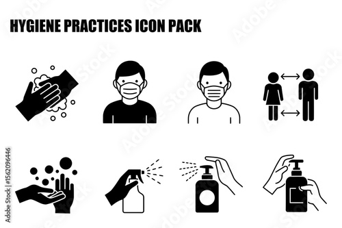 Hygiene practices icons depicting handwashing, wearing a mask, social distancing, and hand sanitizer use. Illustrations of various public health measures for general population use.