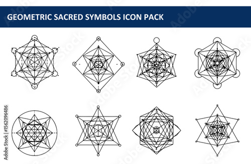 Geometric sacred symbols, various shapes in a minimalist design. Intricate patterns with a white background. Set of esoteric geometric symbols.