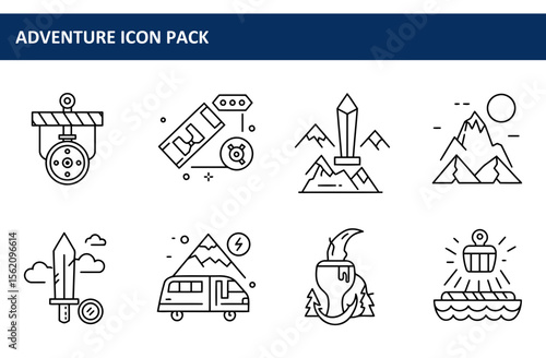 Adventure icon pack featuring various symbols for activities and settings. Linear illustrations depicting different aspects of exploration and travel.