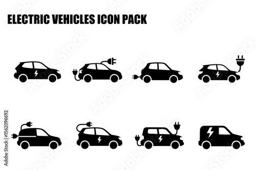 Electric vehicle icons in various models with charging cables attached. Silhouette representations of different electric car types displayed against a white background.