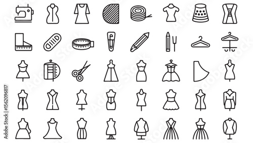Sewing, Fashion Design Icons Set 40 Line Art Illustrations