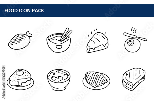 Food icons depicting various dishes in a simple line art style. Collection of diverse cuisines represented in a basic, easily understandable format for use in a food icon pack.
