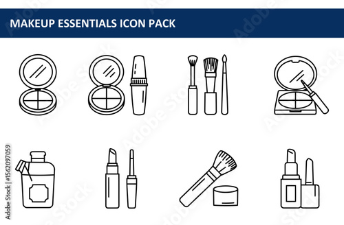 Makeup essentials icon set displaying various cosmetic products in a simple, clean line art style. Set of makeup tools in a professional makeup artist's studio setting.