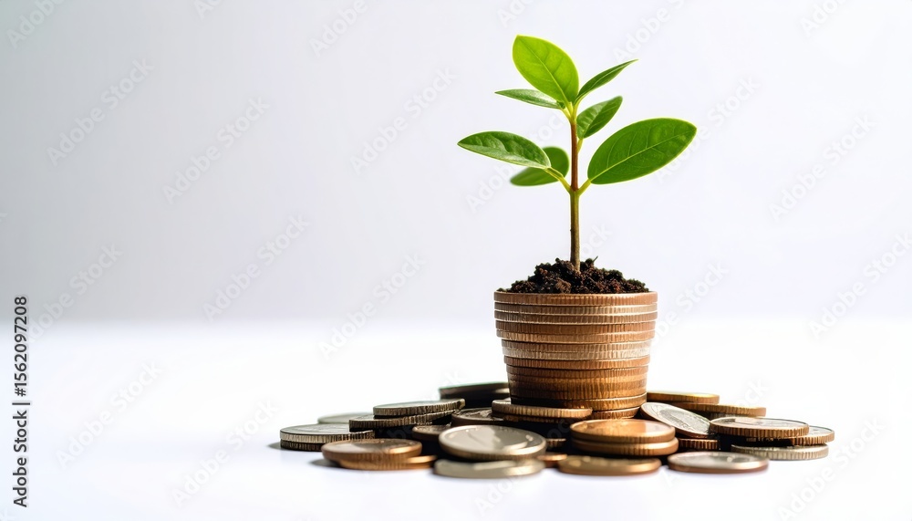 A small plant grows from a stack of coins on white background A small plant grows from a stack of coins on white background