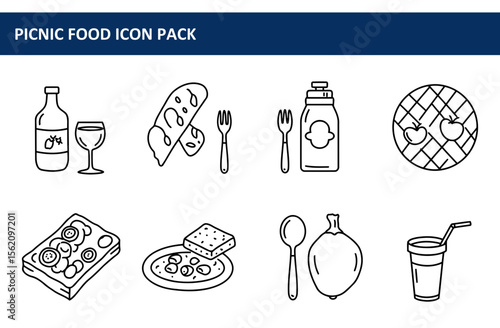 Picnic food icon pack depicting various items for a casual outdoor meal. Simple line drawings of food and utensils ideal for websites, apps, or print media.