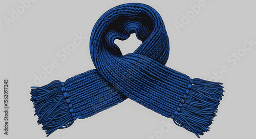 This high-quality vector illustration features a distressed halftone deep blue knitted scarf with fringe and a textured, ribbed pattern, emphasizing fashion, warmth, and retro design.