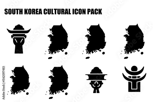 South Korea cultural icons in silhouette graphic design. Stylized representations of South Korean landmarks, maps, and figures.