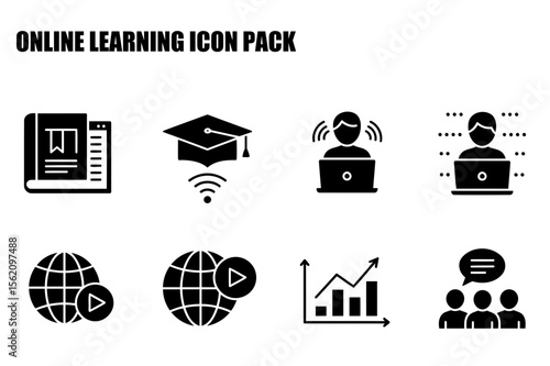 Online learning icons for various actions and elements. Simple, stylized representations of learning, engagement, and community in a digital environment.